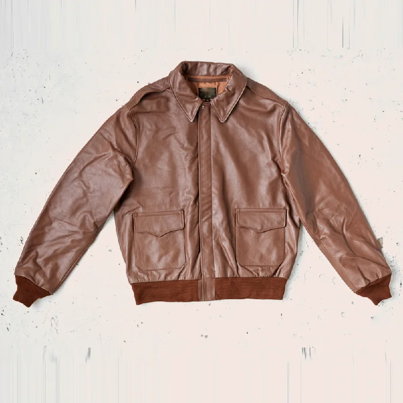 Men leather vests with a zip - front for easy layering and a cool biker - inspired style Men Lambskin Plain Brown A2 Leather Bomber Jacket
