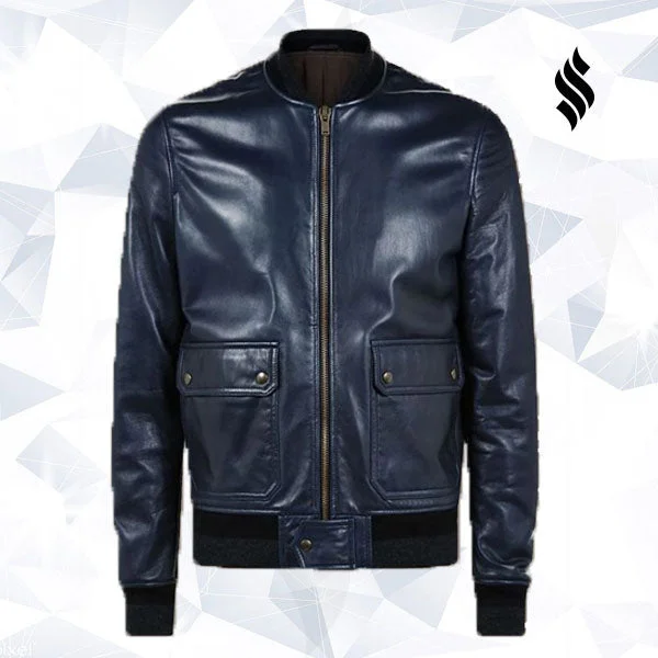 Men leather jackets with a distressed look for a rugged and vintage appeal Men Navy Blue Bomber Jacket