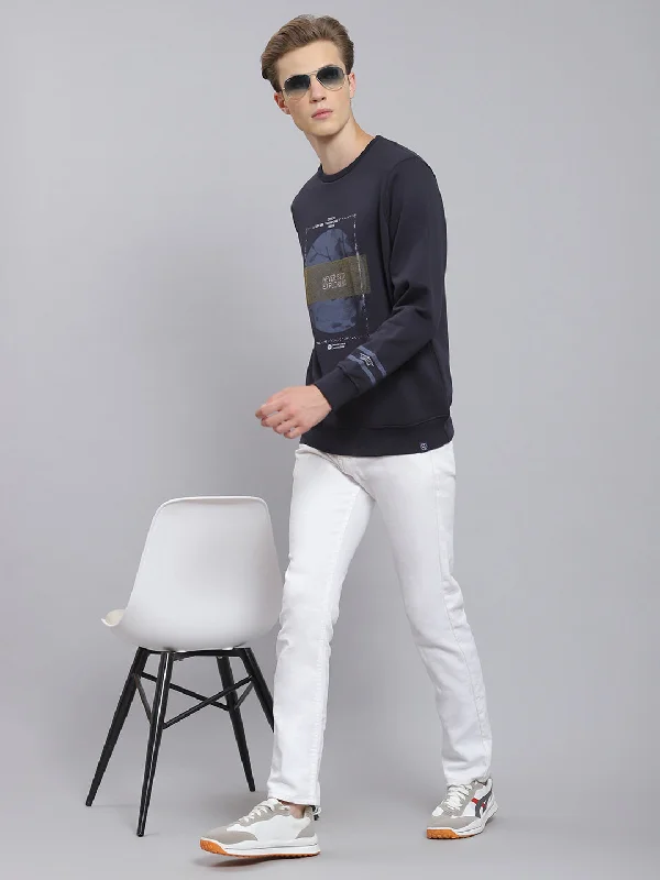 Organic cotton men sweatshirt for eco - conscious buyers Men Navy Blue Printed Round Neck Full Sleeve Sweatshirt