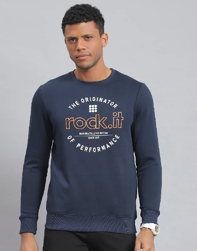 Zip - up men sweatshirt for easy on - and - off Men Navy Blue Solid Round Neck Full Sleeve Sweatshirt