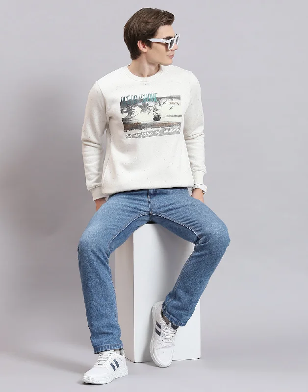 Retro - style men sweatshirt inspired by the 80s Men Off White Solid Round Neck Full Sleeve Sweatshirt