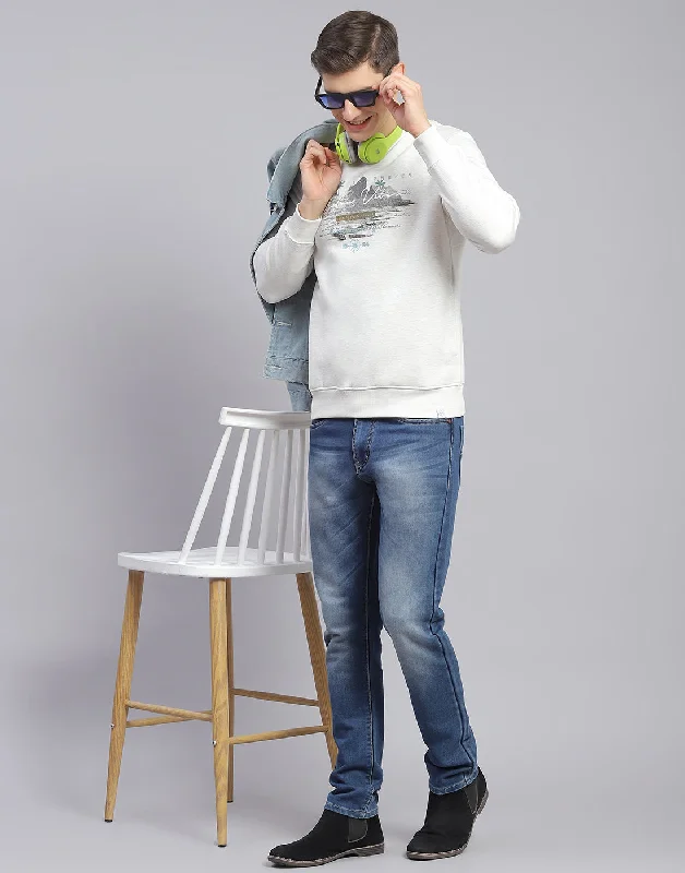 Hooded men sweatshirt with a drawstring closure Men Off White Solid Round Neck Full Sleeve Sweatshirt