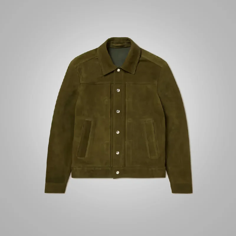 Men leather trench coats with a double - breasted design for a classic and sophisticated look Men Olive Green Lambskin Leather Trucker Jacket