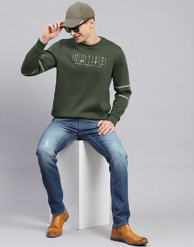 Thermal men sweatshirt for cold - weather activities Men Olive Printed Round Neck Full Sleeve Sweatshirt