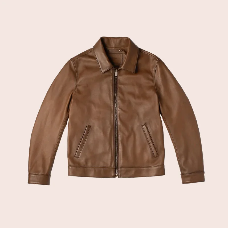 Men leather anoraks with a hooded design for protection against wind and rain Men Point Collar Classic Brown Leather Jacket