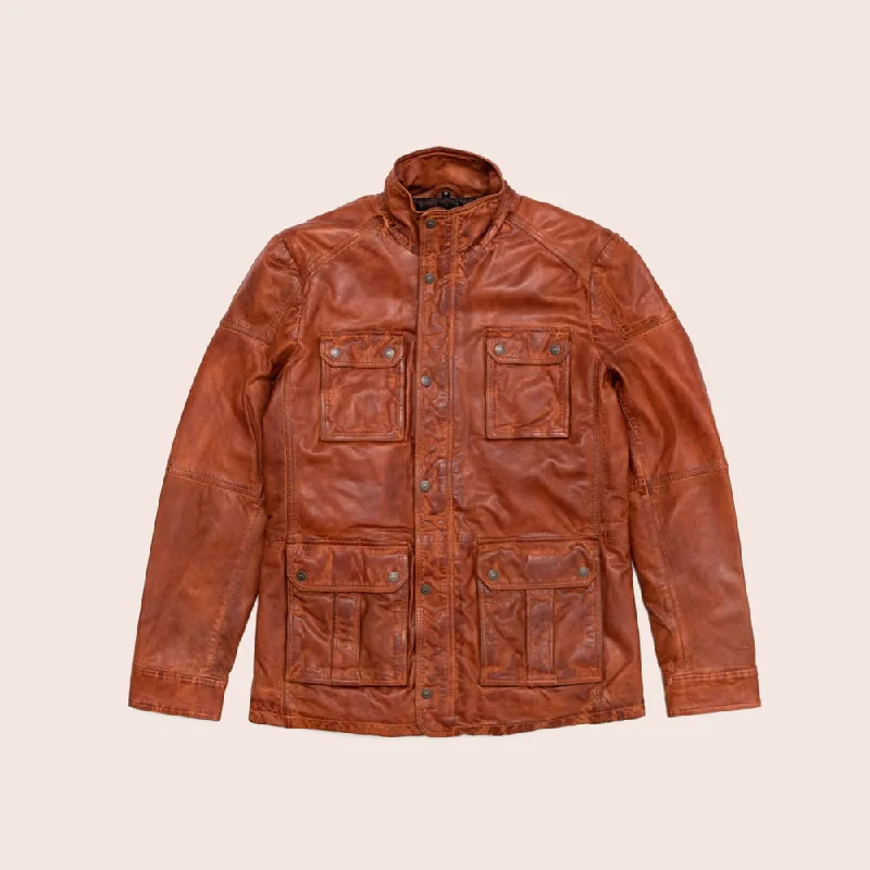 Men leather raincoats with a waterproof membrane for staying dry in wet conditions Men Pure Fine Grain Lambskin Brown Leather Field Jacket