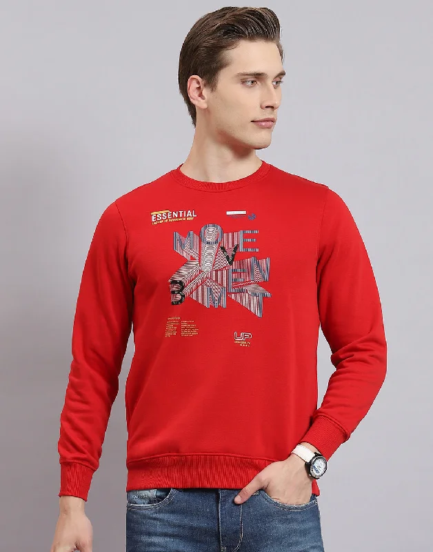 Solid - color men sweatshirt in classic navy blue Men Red Printed Round Neck Full Sleeve Sweatshirt