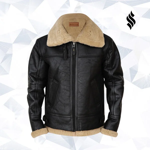 Men leather raincoats with a waterproof membrane for staying dry in wet conditions Men’s Black B3 Bomber Sheepskin Jacket