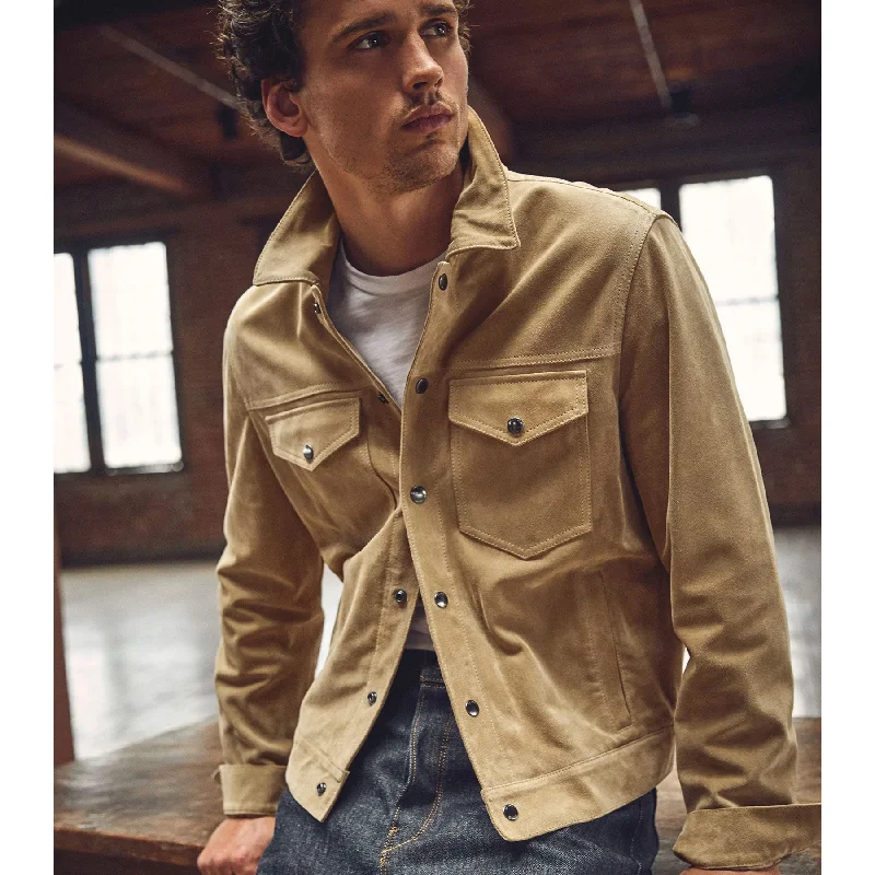 Men leather waistcoats with a decorative button - front for a formal and refined look Men’s Cream Brown Suede Leather Shirt Jeans Style Jacket