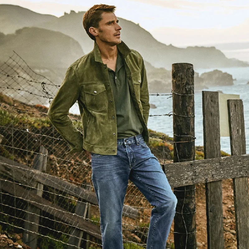 Men leather pea jackets with a high - collar for added warmth and a classic nautical style Men’s Cream Green Suede Leather Shirt Jeans Style Jacket