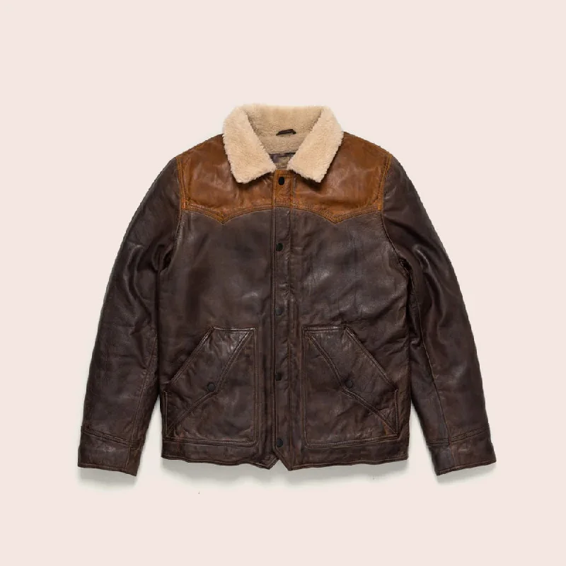 Men leather chore jackets with a durable waxed - leather finish for a rustic and hard - wearing option Men Sheepskin Double Tone Brown Sherpa Western Leather Jacket