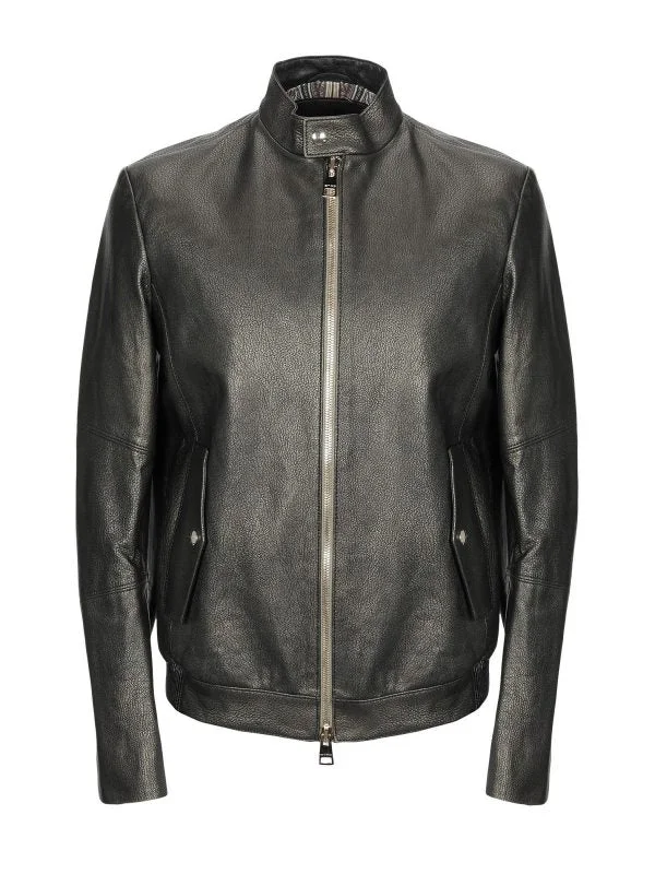 Men leather pea jackets with a high - collar for added warmth and a classic nautical style Men Shinny Jet Black Leather Jacket