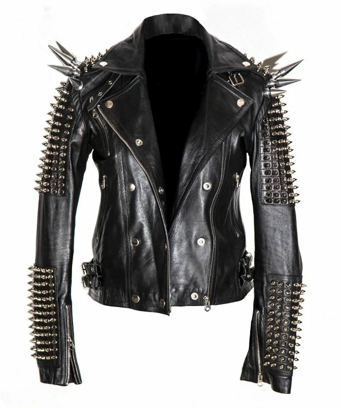Men leather moto jackets with multiple zipper pockets for added storage and an edgy appearance Men Silver Studded Long Spiked Jacket Leather Black Rock Punk Style Jacket