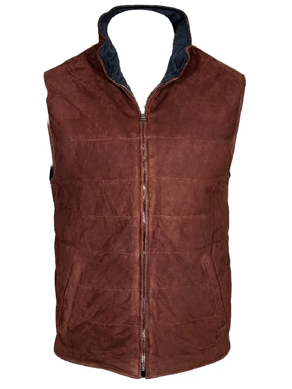 Sleeveless men waistcoats with a high - cut armhole for ease of movement Men Suede Reversible Vest In Oxblood/navy