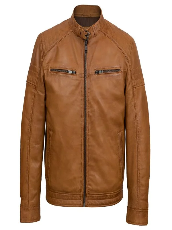 Men leather parkas with a removable fur - trimmed hood for a versatile and stylish look Men Tan Brown Biker Jacket