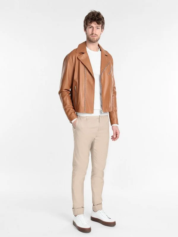 Men leather hunting jackets with a camouflage - printed leather for outdoor pursuits Men Tan Brown Biker Leather Jacket