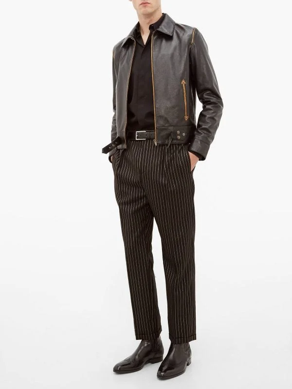 Men leather moto jackets with multiple zipper pockets for added storage and an edgy appearance Men Traditional Black Leather Jacket