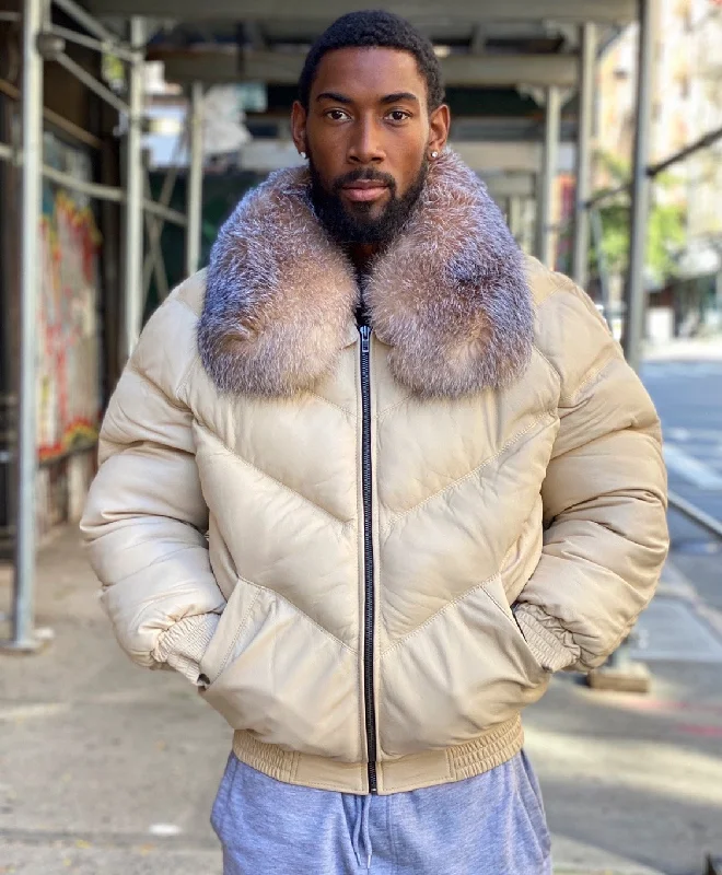Men leather bomber jackets with ribbed cuffs and hem for a snug and retro feel MEN V BOMBER JACKET - CREAM COLOR WITH CRYSTAL FOX