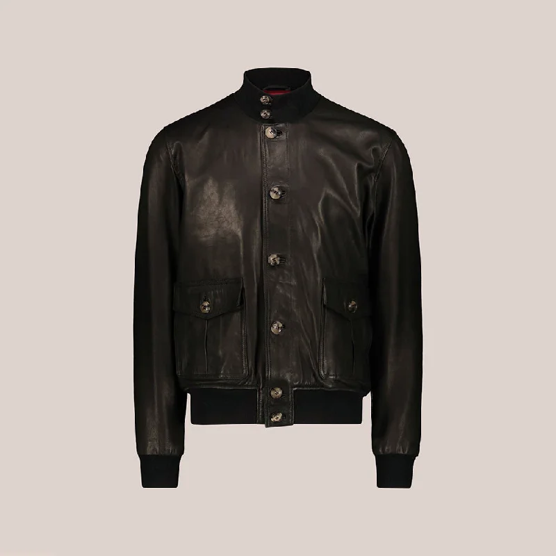 Men leather vests with a zip - front for easy layering and a cool biker - inspired style Men Vintage Black A-1 Flight Lambskin Leather Bomber Jacket