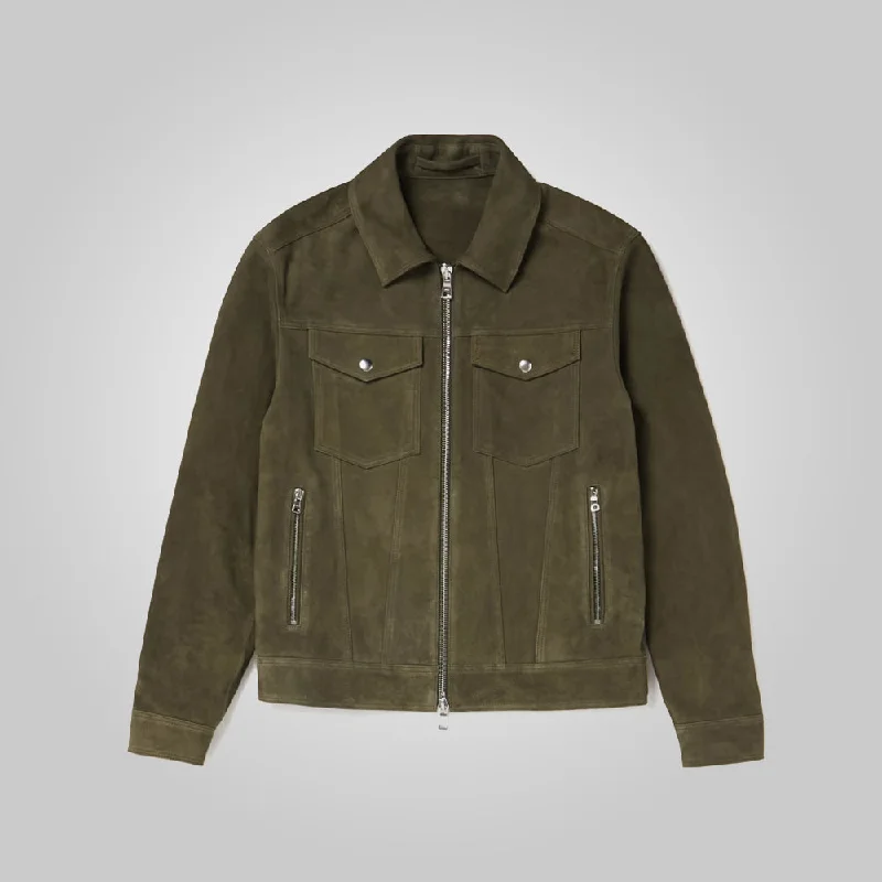 Men leather blouson jackets with a drawstring hem for a customizable fit Mens Army Green Suede Leather Trucker Jacket