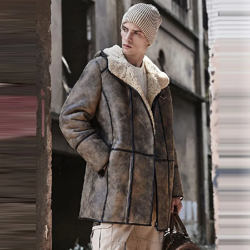 Men leather denim jackets with a combination of leather and denim for a unique hybrid style Men's B7 Hooded RAF Aviator Sheepskin Flying Fur Shearling Jacket Coat
