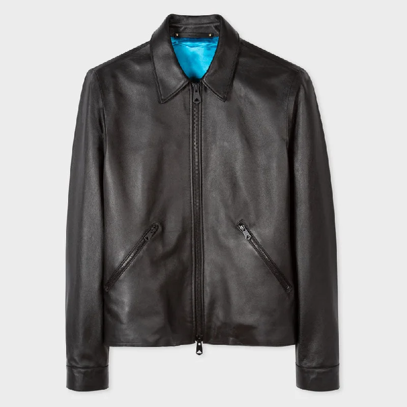 Men leather bomber jackets with ribbed cuffs and hem for a snug and retro feel Mens Black Down Collar Sheepskin Leather Jacket