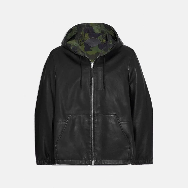 Men leather sport coats with a stretch - fabric panel for enhanced mobility Mens Black Hooded Real Sheepskin Leather Bomber Jacket