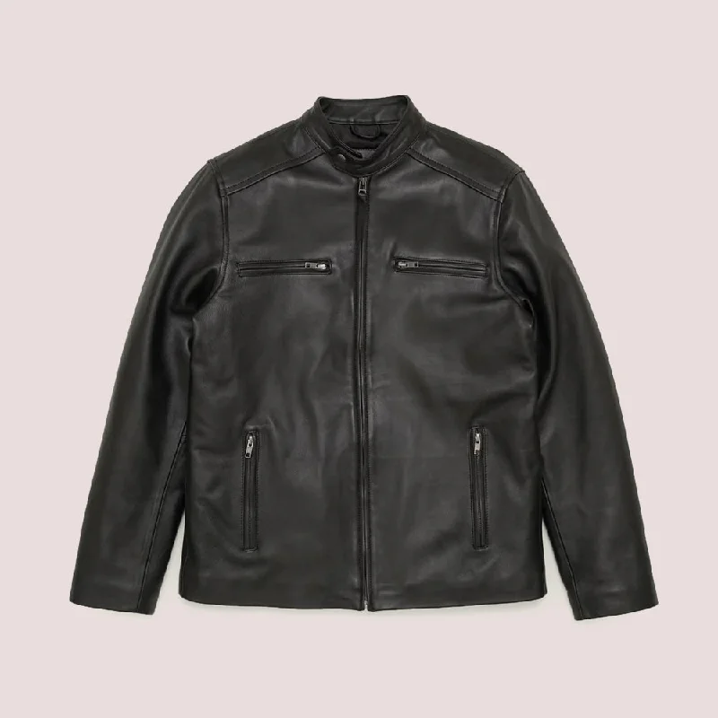 Men leather windbreakers with a lightweight leather construction for a breezy feel Mens Black Lambskin Leather Moto Riding Jacket