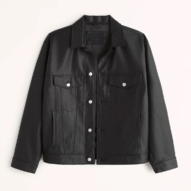 Men leather driving jackets with a suede interior for a luxurious and comfortable touch Mens Black Plain Trucker Leather Jacket