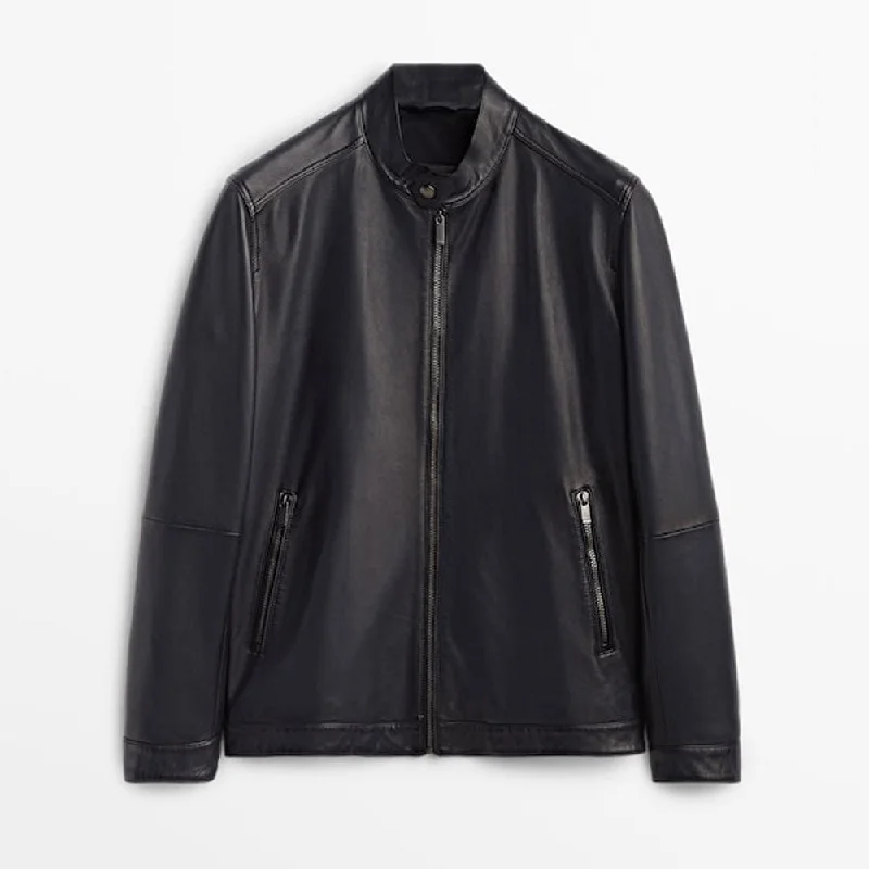 Men leather vests with a zip - front for easy layering and a cool biker - inspired style Mens Black Plane Biker Jacket