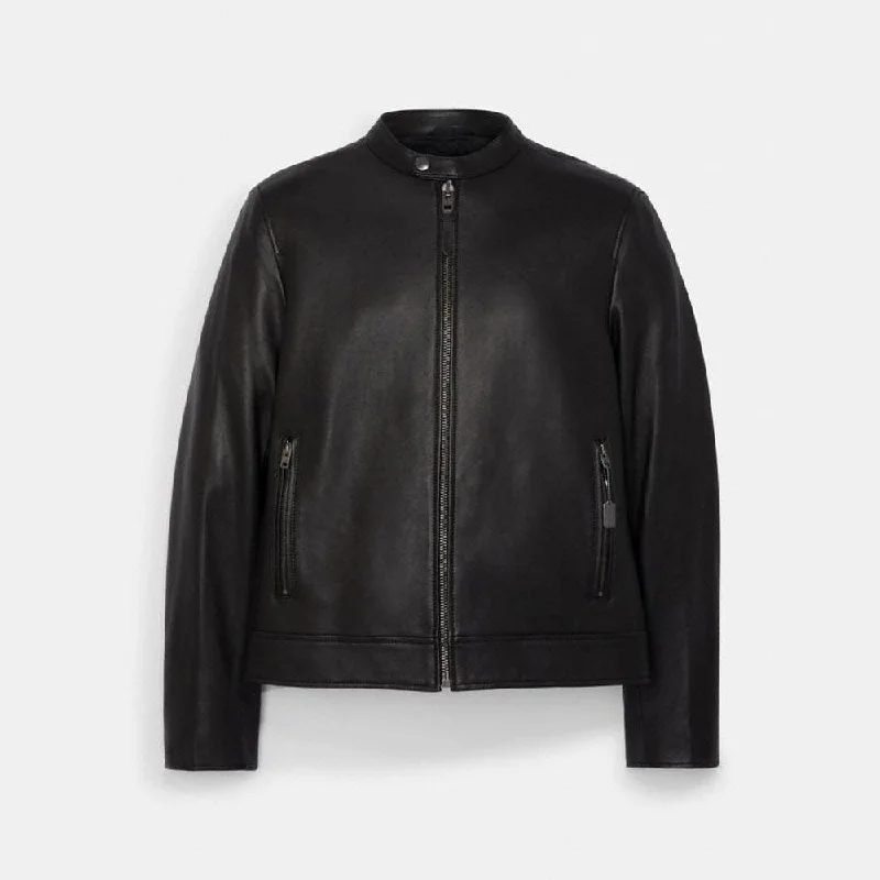 Men leather safari jackets with a breathable cotton - blend exterior for outdoor adventures Mens Black Sheepskin Cafe Racer Leather Biker Jacket
