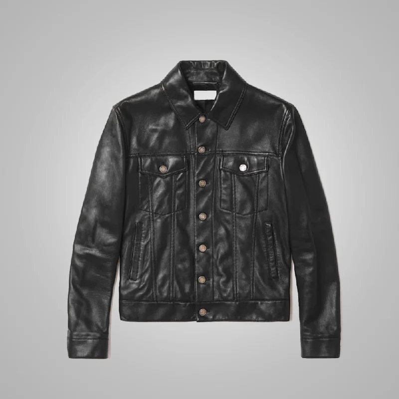 Men leather moto jackets with multiple zipper pockets for added storage and an edgy appearance Mens Black Sheepskin Leather Trucker Jacket