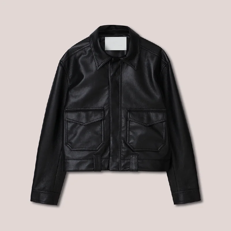 Men leather chore jackets with a durable waxed - leather finish for a rustic and hard - wearing option Mens Black Sheepskin Trucker Style Leather Jacket