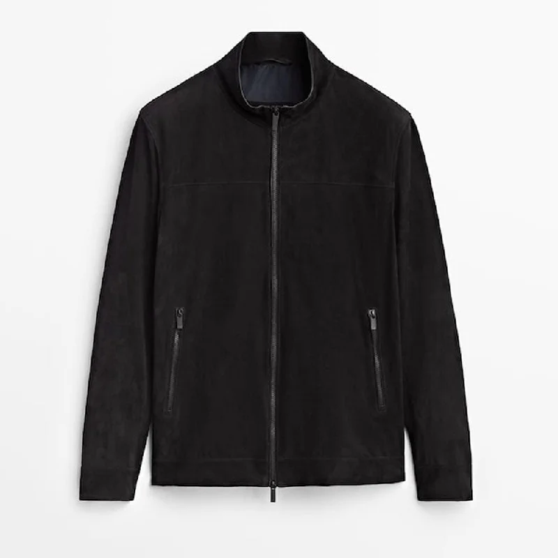 Men leather moto jackets with multiple zipper pockets for added storage and an edgy appearance Mens Black Suede Leather Biker Jacket