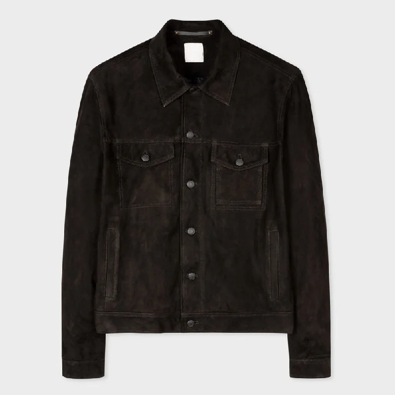 Men leather trench coats with a double - breasted design for a classic and sophisticated look Mens Black Suede Leather Trucker Styled Jacket