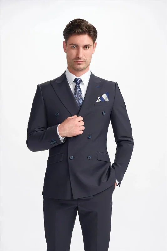 Men Blazers with New Year's Eve - Themed Prints for Festive Parties​ Men's Blazer Dark Navy Double Breasted Tailored Fit Formal Suit Jacket