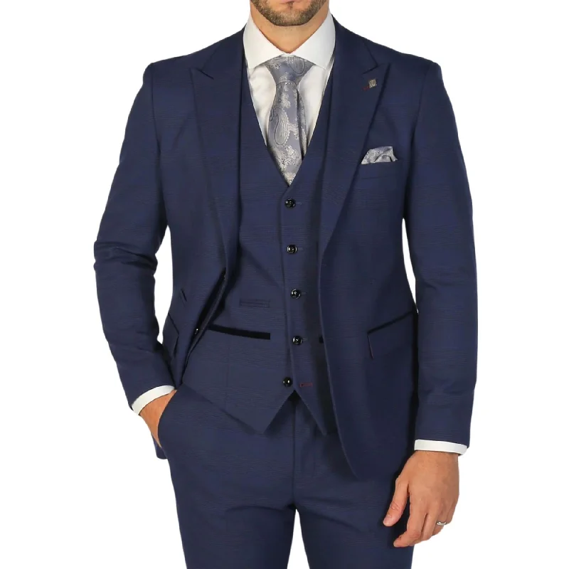 Men Blazers with Plaid Patterns for a Traditional Look​ Men's Blazer Navy Blue Checked Tailored Fit Formal Suit Jacket