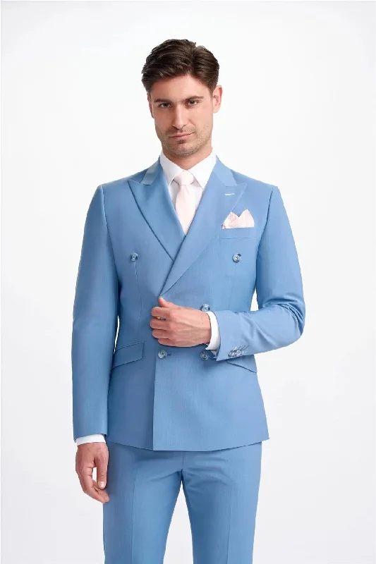 Men Blazers with Chinese Dragon Prints for a Symbolic Look​ Men's Blazer Sky Blue Double Breasted Tailored Fit Formal Suit Jacket