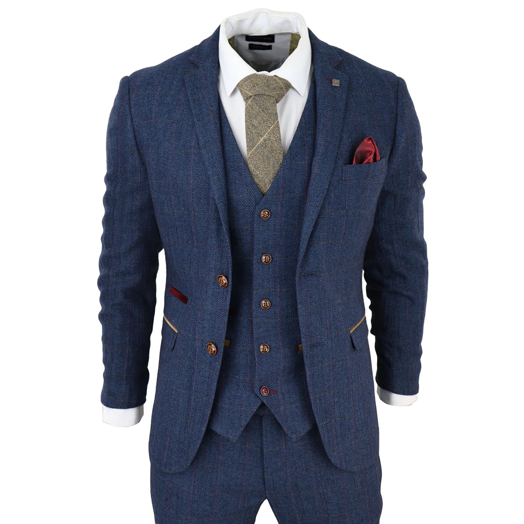 Leather Men Blazers for a Rock - n - Roll Vibe​ Mens Blue Blazer Herringbone Tweed Checked Formal Suit Jacket