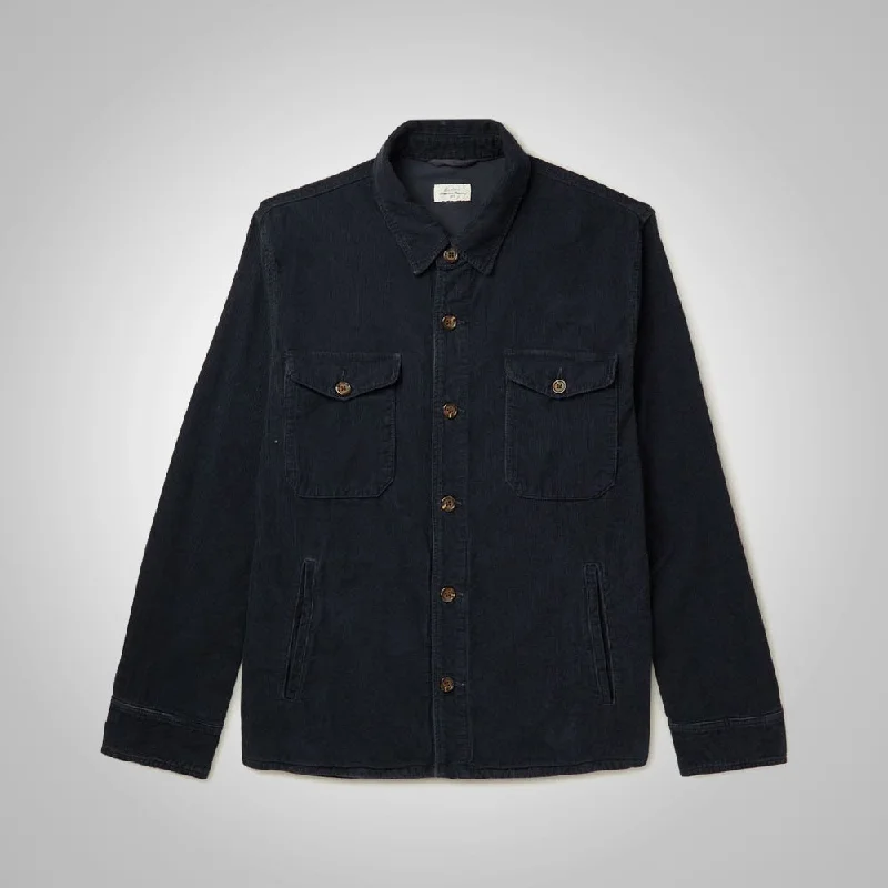 Men leather blouson jackets with a drawstring hem for a customizable fit Mens Blue Cotton Blend Corduroy Jacket
