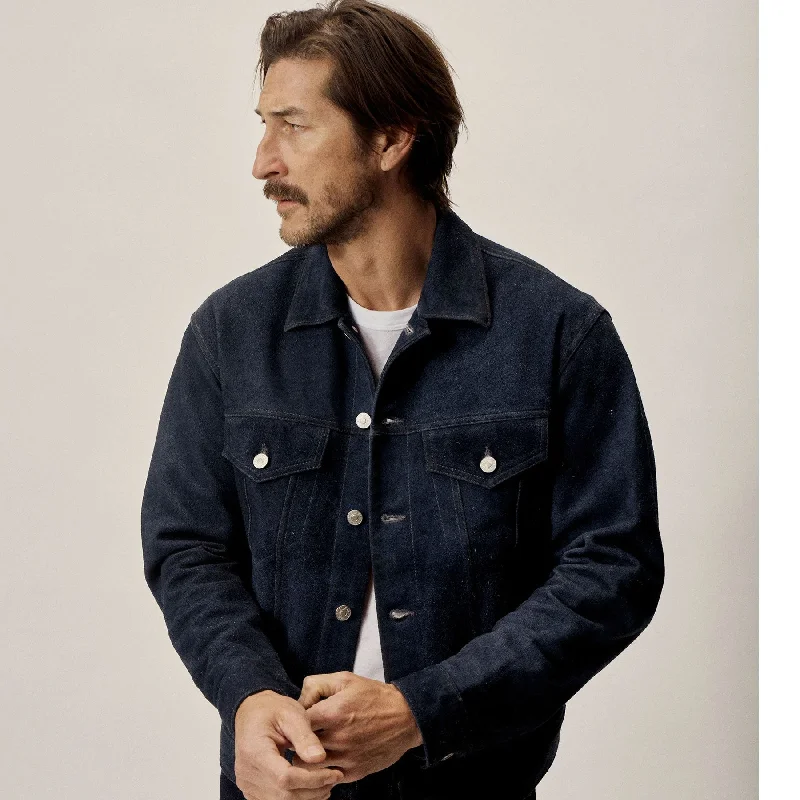 Men leather moto jackets with multiple zipper pockets for added storage and an edgy appearance Men's Blue Suede Leather Jacket Shirt Jeans Style