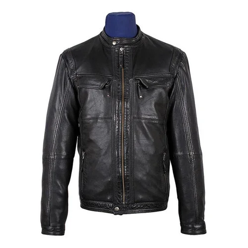 Men leather parkas with a removable fur - trimmed hood for a versatile and stylish look Men's Bonito Black Leather Jacket with flap pockets