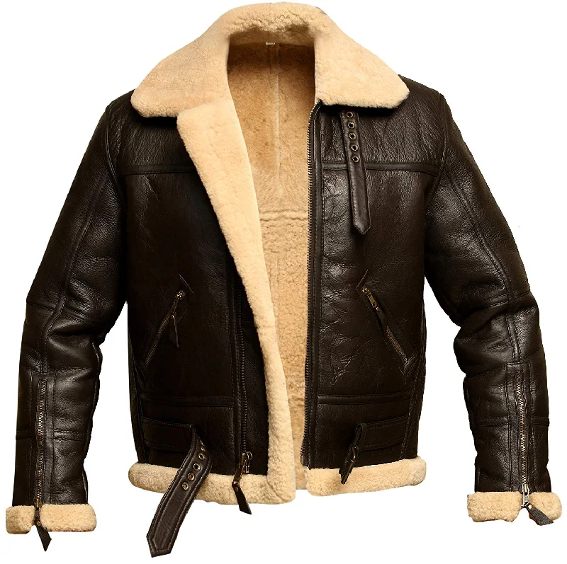 Men leather waistcoats with a decorative button - front for a formal and refined look Mens Brown B3 RAF Aviator Bomber Shearling Real Sheepskin Leather Jacket