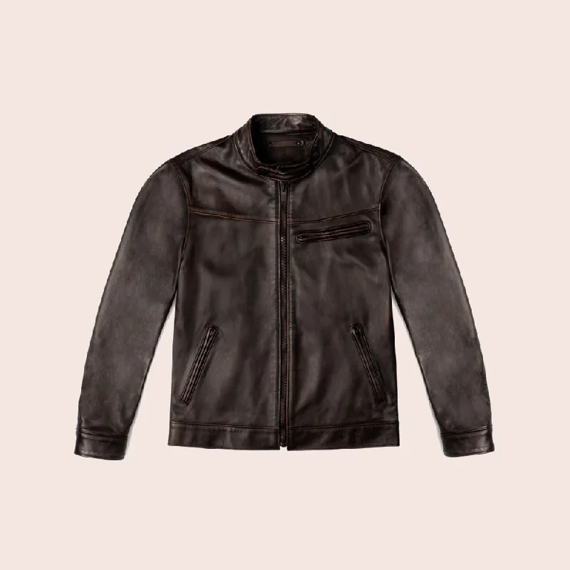 Men leather trench coats with a double - breasted design for a classic and sophisticated look Mens Brown Cafe Racer Goatskin Leather Motorbike Jacket