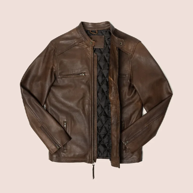 Men leather hunting jackets with a camouflage - printed leather for outdoor pursuits Mens Brown Cafe Racer Lambskin Leather Motorcycle Jacket