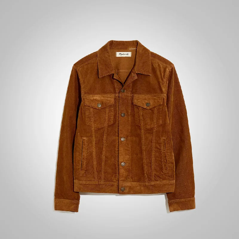 Men leather blouson jackets with a drawstring hem for a customizable fit Mens Brown Corduroy Trucker Jacket