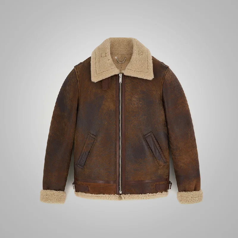 Men leather hunting jackets with a camouflage - printed leather for outdoor pursuits Mens Brown Distressed Leather Shearling Jacket