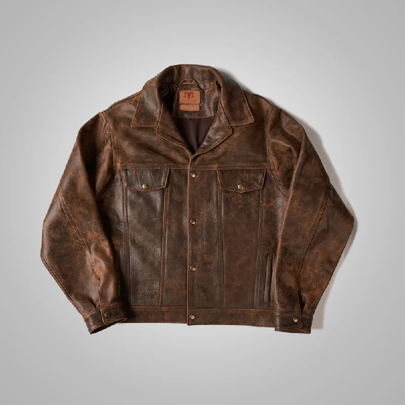 Men leather sport coats with a stretch - fabric panel for enhanced mobility Mens brown Distressed Real Leather Four Pocket Leather Jacket