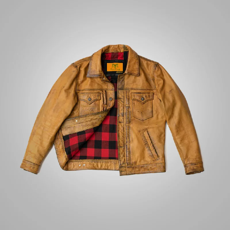 Men leather parkas with a removable fur - trimmed hood for a versatile and stylish look Mens Brown  Four Button Pockets Distressed Leather Jacket