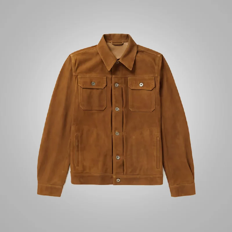 Men leather jackets with a distressed look for a rugged and vintage appeal Mens Brown Suede Sheep Skin Leather Trucker Jacket